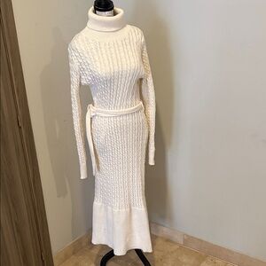 SHEIN White Cable Knit Turtleneck Midi Dress